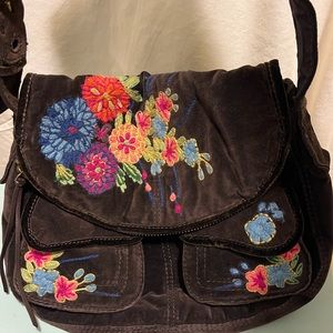 Lucky Brand Suede beautiful embroidered handbag with leather adjustable strap!